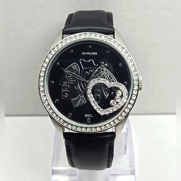 Womens Chicago Blackhawks Black Watch Spirit - NHL Heart Rhinestone New Battery - Picture 1 of 11